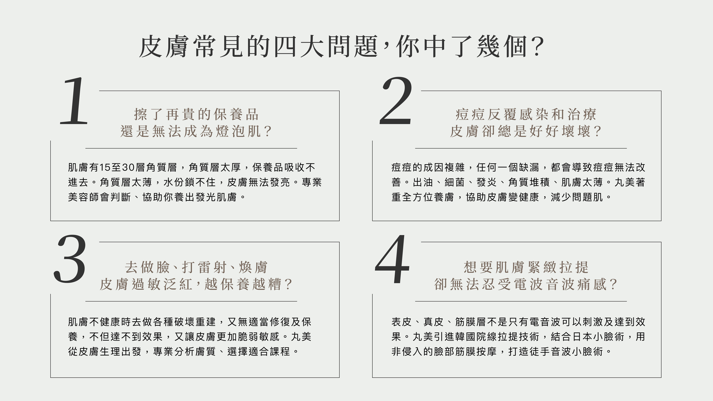 皮膚常見的四大問題,1.擦了再貴的保養品吸收不進去 2.痘痘反覆感染, 3.做臉,打雷射,煥膚,皮膚過敏泛紅、越保養越糟, 4. 無法忍受電波音波痛感